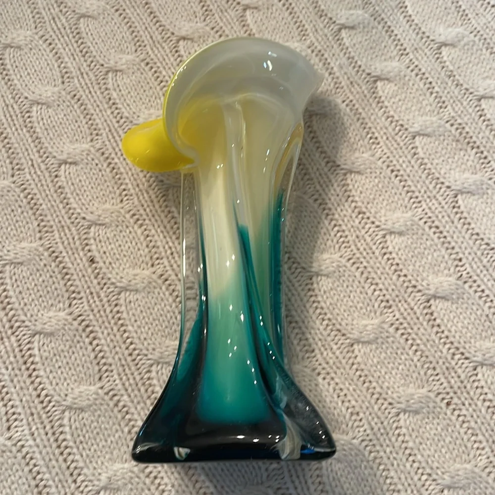 Art Glass Hand Blown Calla Lily/Tulip, Yellow/Teal/Glass Jack in the Pulpit Vase